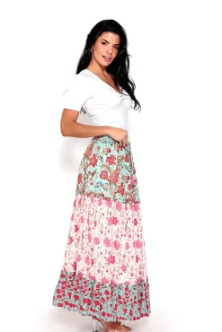 Falda Larga Tricolor Con Estampado De Flores