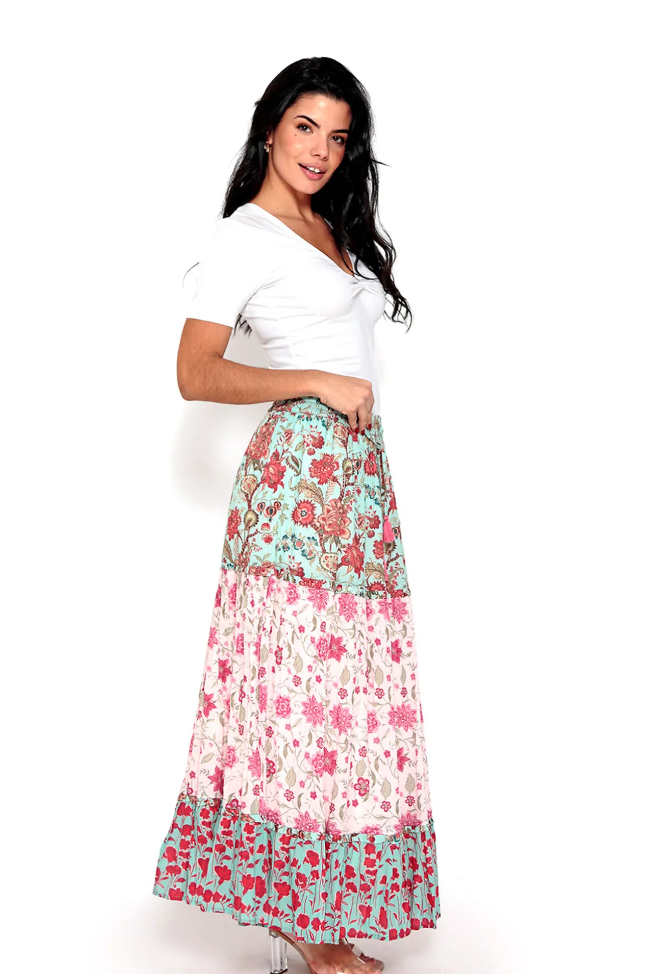 Falda Larga Tricolor Con Estampado De Flores