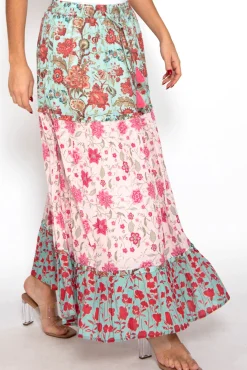 Falda Larga Tricolor Con Estampado De Flores