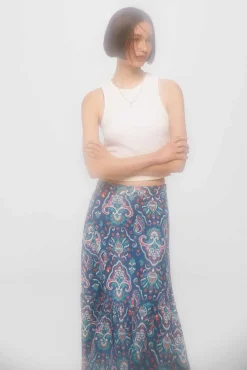 Falda Larga Volante Estampada Lino Algodon
