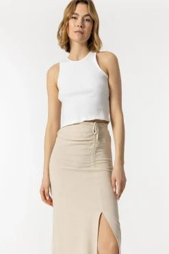 Falda Midi Lino Estampada Con Frunces
