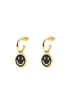 Pendientes Aro Smiley Black Enamel Oro