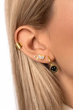 Pendientes Aro Smiley Black Enamel Oro