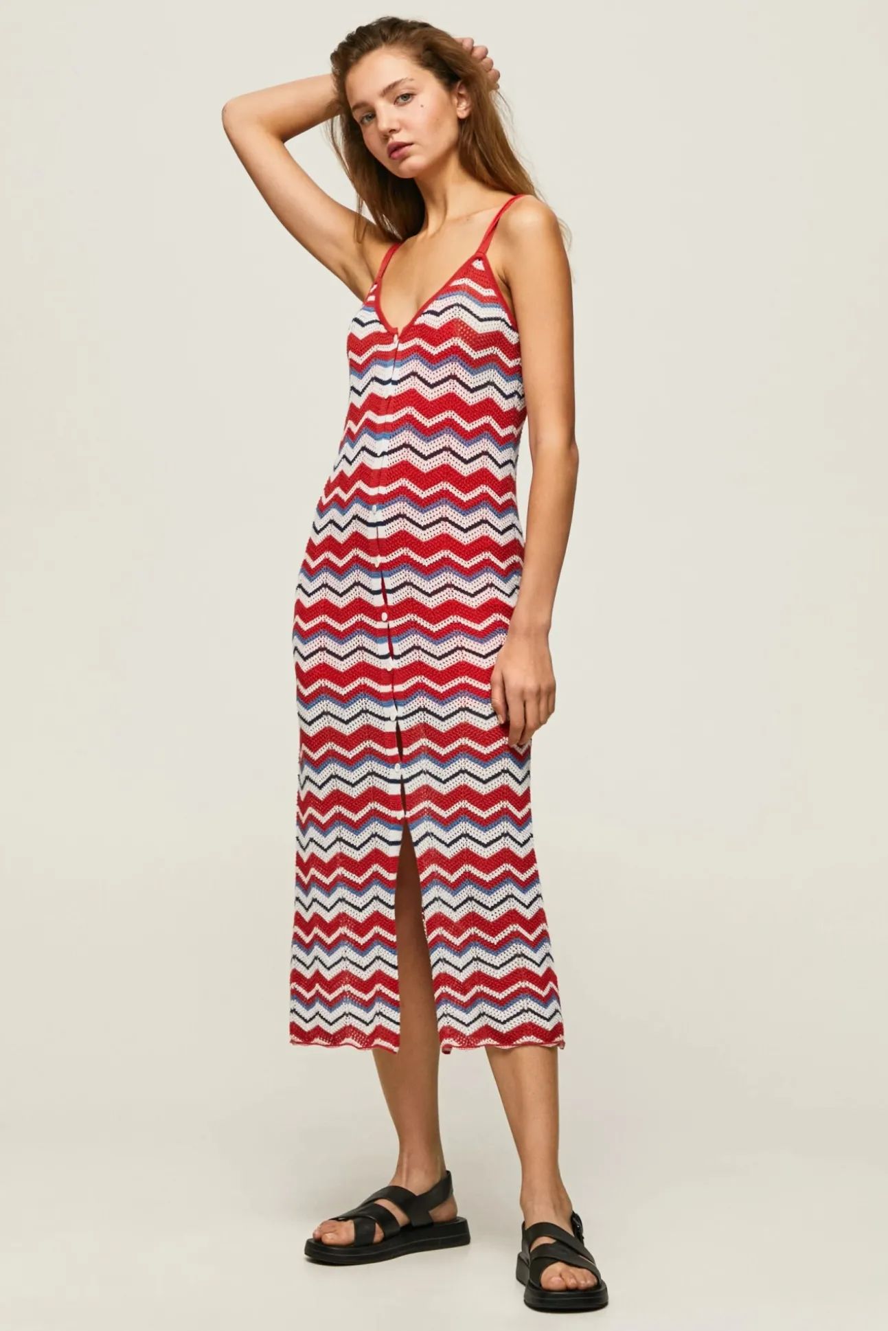 Vestido Largo Con Lino Y Tirantes Zig Zag.