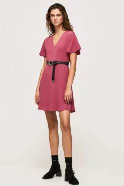 Vestido Manga Corta Con Cuello Pico.