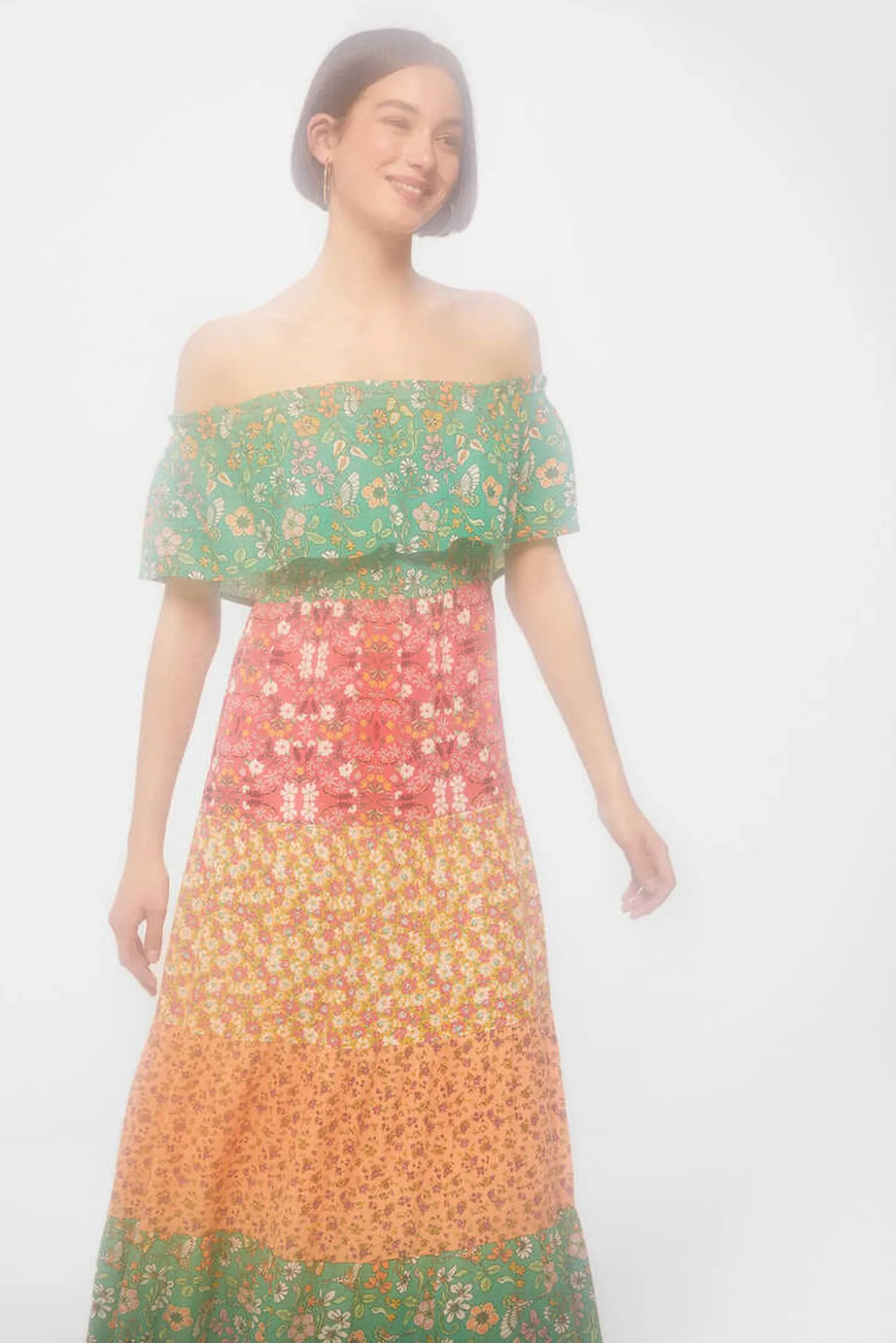 Vestido Midi Escote Hombros Volante