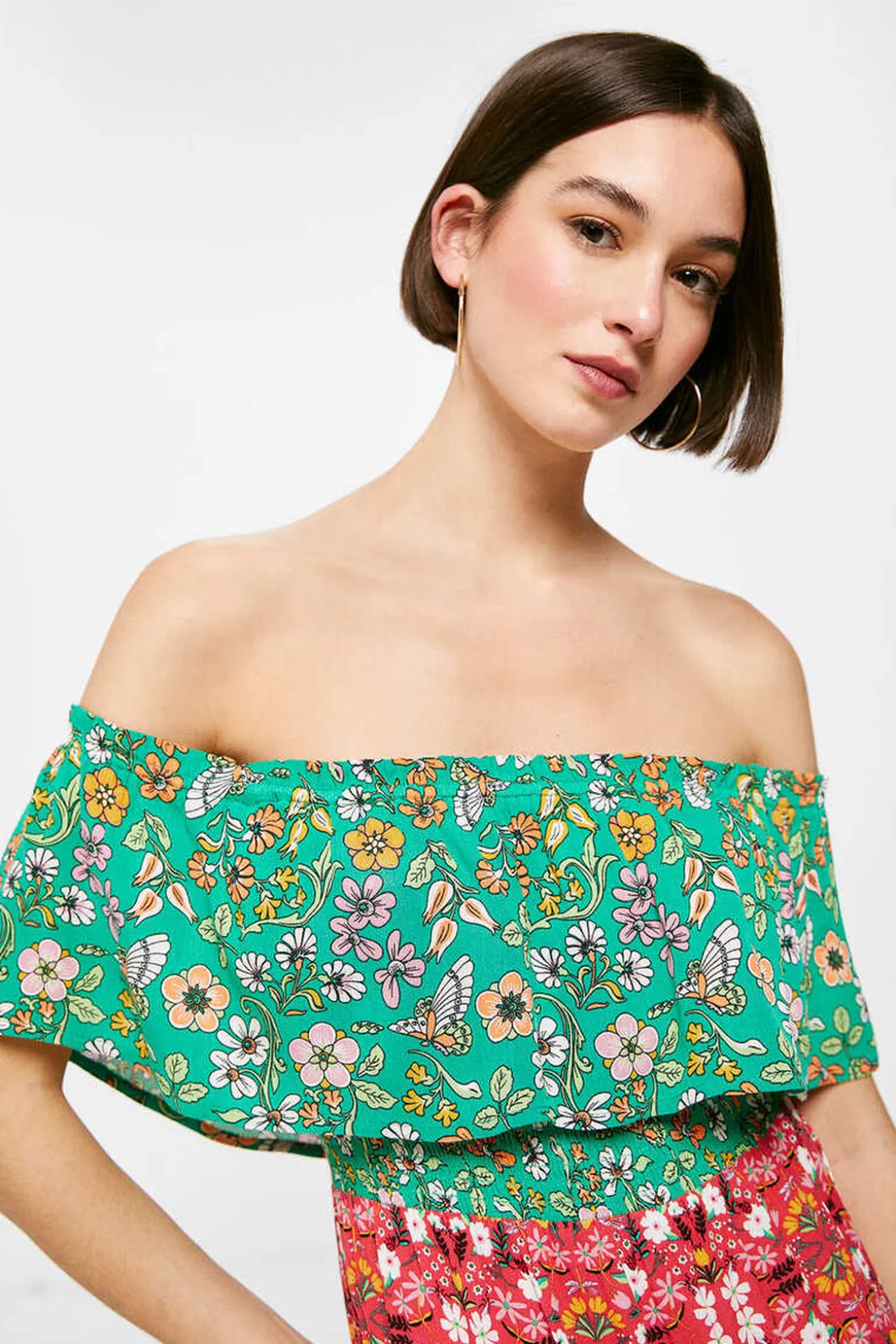 Vestido Midi Escote Hombros Volante