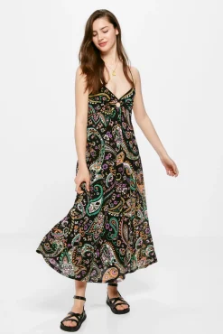 Vestido Midi Estampado Escote Arandela