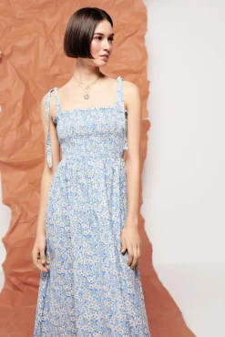 Vestido Midi Flores Lino Algodon