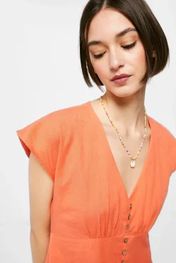 Vestido Midi Liso Botones Lino Algodon