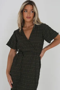 Vestido Midi, Manga Corta Y Print De Cuadros