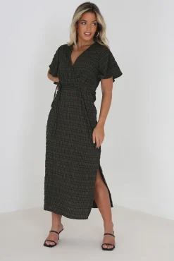Vestido Midi, Manga Corta Y Print De Cuadros