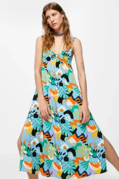 Vestido Midi Nudo Escote Estampado