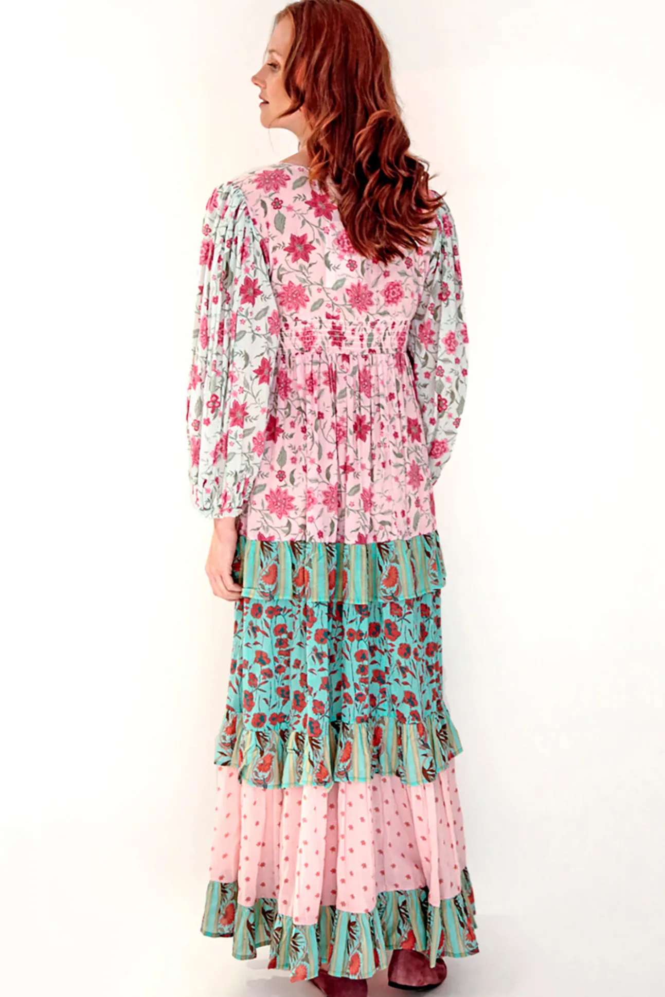Vestido Tricolor De Manga Larga Con Print